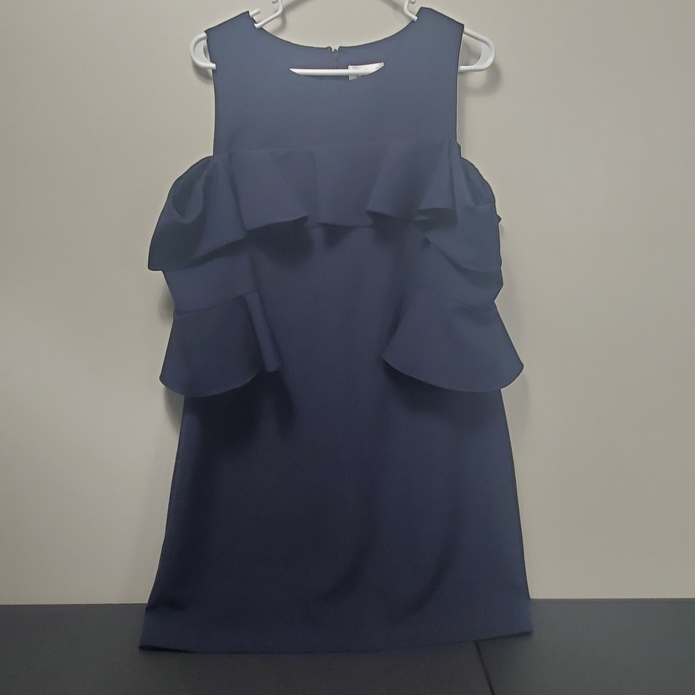 Eliza J Womens 14 Navy Blue Cold Shoulder Ruffle Bell Sleeve Knee Length Dress